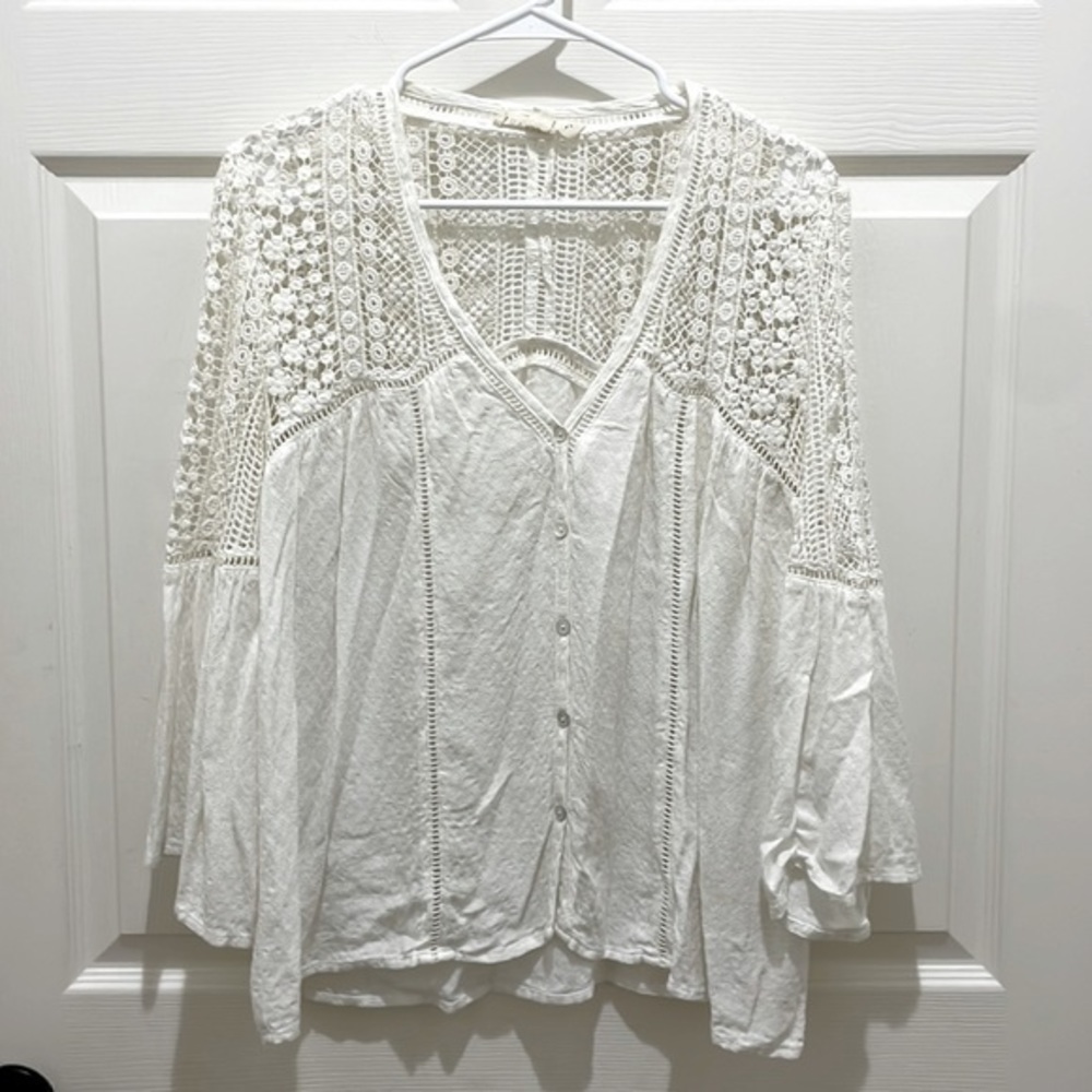 Lovestitch White Boho Floral Crochet Bell Sleeve Peasant Top